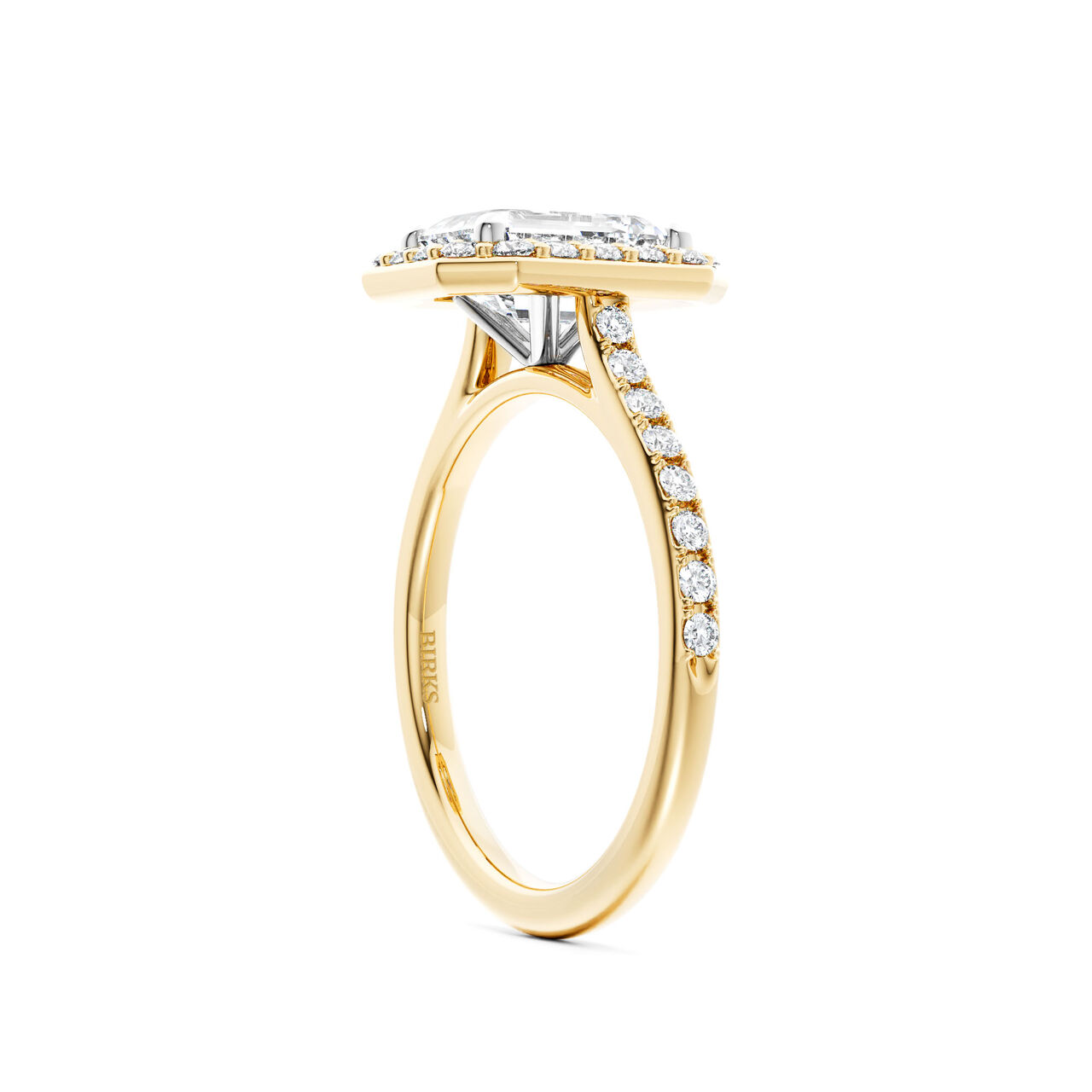 Birks Ros&eacute;e du Matin Yellow Gold Emerald Cut Diamond Engagement Ring with Halo and Pav&eacute; Band image number 1