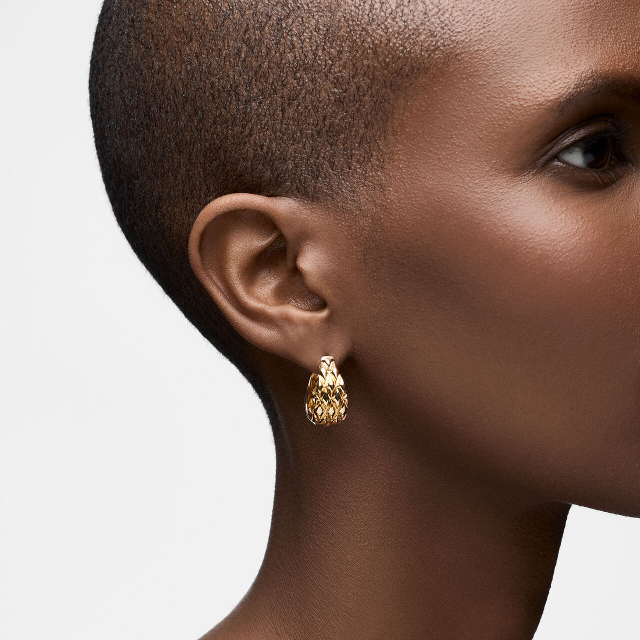 On-model view of Birks Essentials yellow gold serpent hoops worn on the ear image number 1