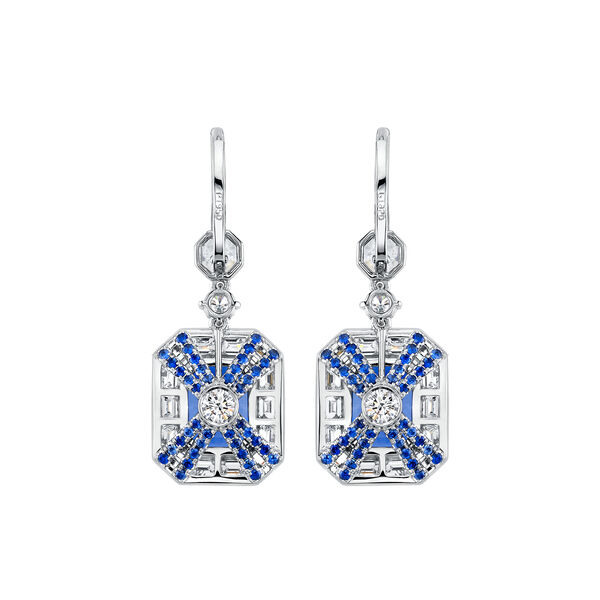 Boucles d'oreilles pendantes avec saphir coupe émeraude et diamants