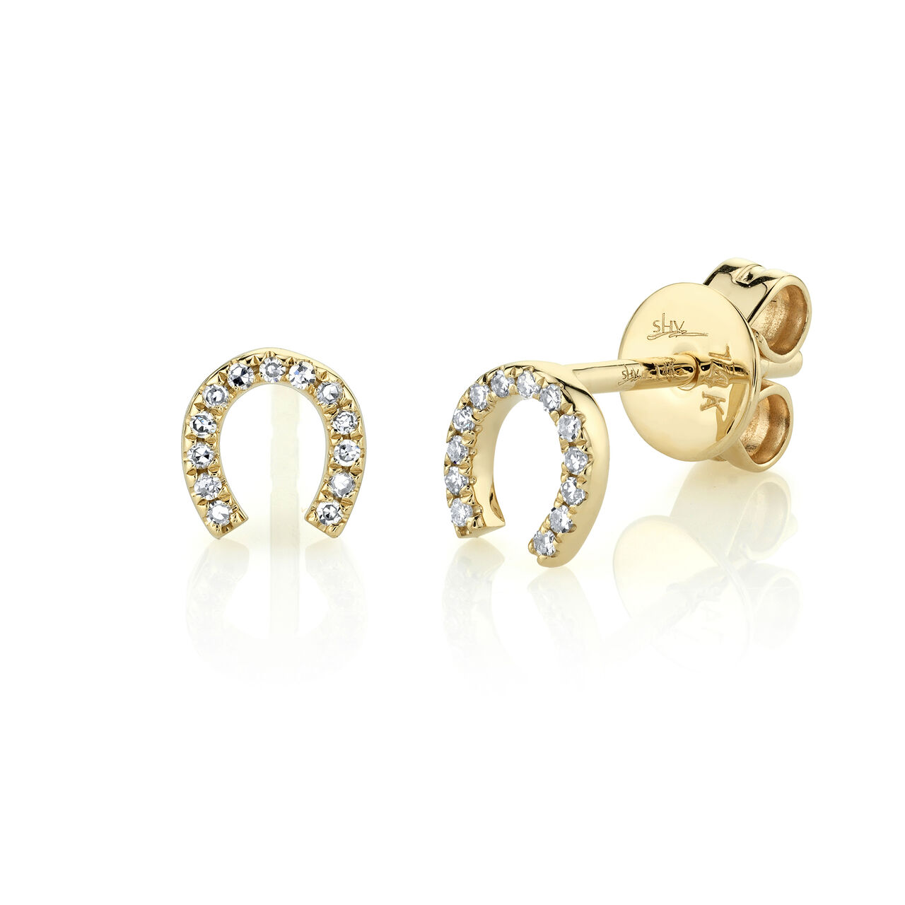 Yellow Gold Horseshoe Stud Earrings with Diamond Pave image number 0