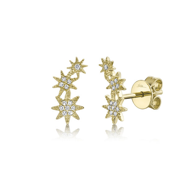 Yellow Gold Triple Star Stud Earrings with Diamond Pavé