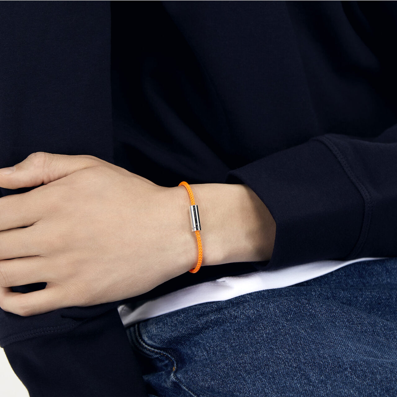7g Polished Silver and Orange Polyester Nato Cable Bracelet image number 1