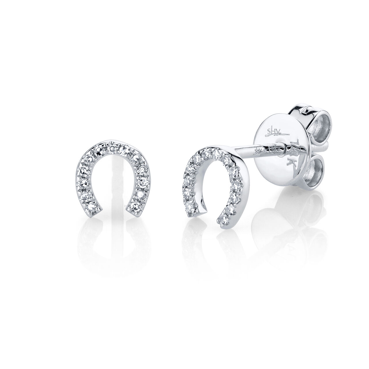 White Gold Horseshoe Stud Earrings with Diamond Pave image number 0