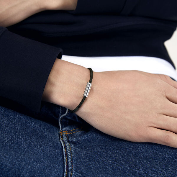 7g Polished Silver and Khaki Polyester Nato Cable Bracelet