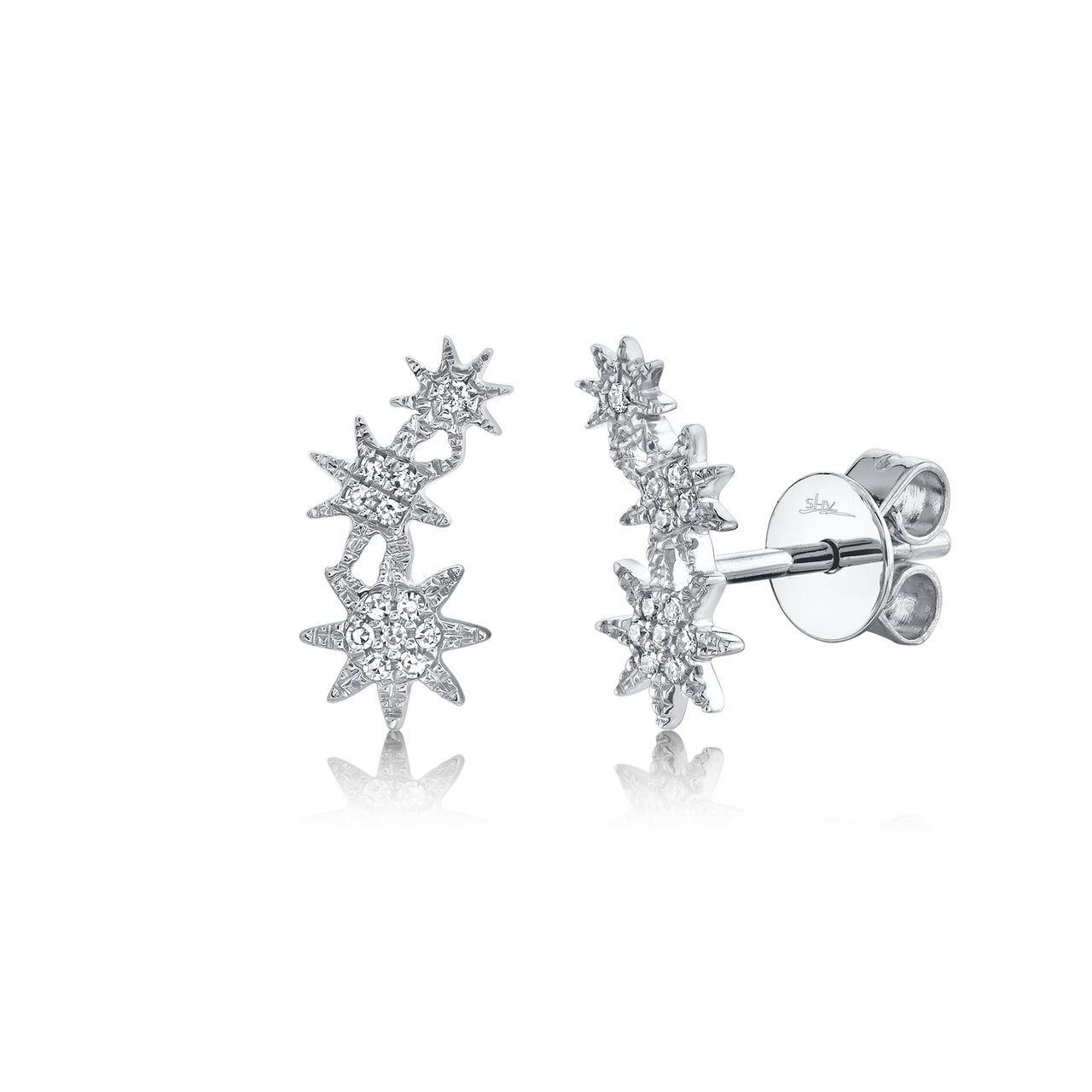 White Gold Triple Star Stud Earrings with Diamond Pave image number 0