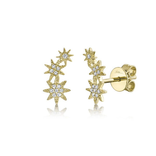 Kate Yellow Gold and Diamond Pav&eacute; Triple Star Stud Earrings