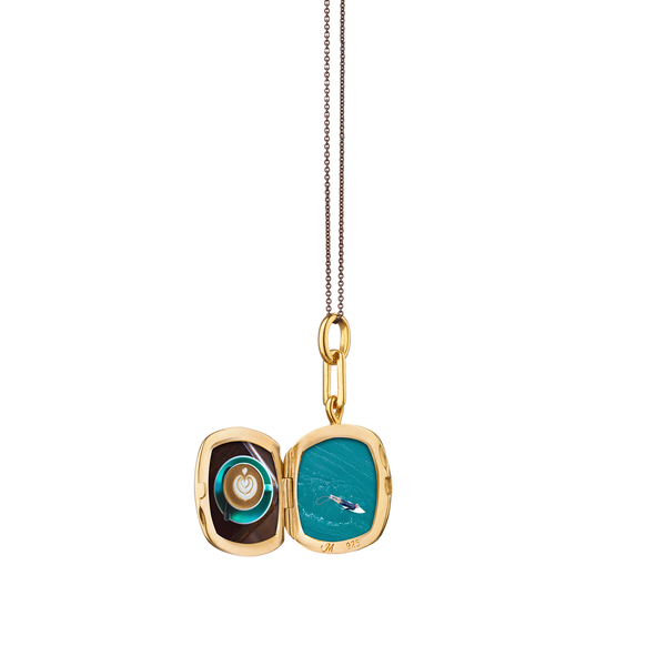 Locket X Color Yellow Gold Vermeil, Green Enamel and Sapphire Cushion Pendant