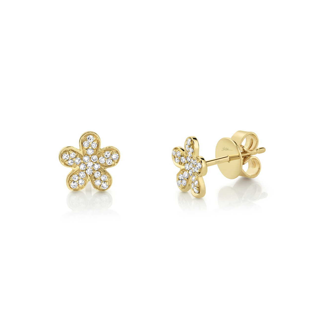 Yellow Gold Flower Stud Earrings with Diamond Pave image number 0