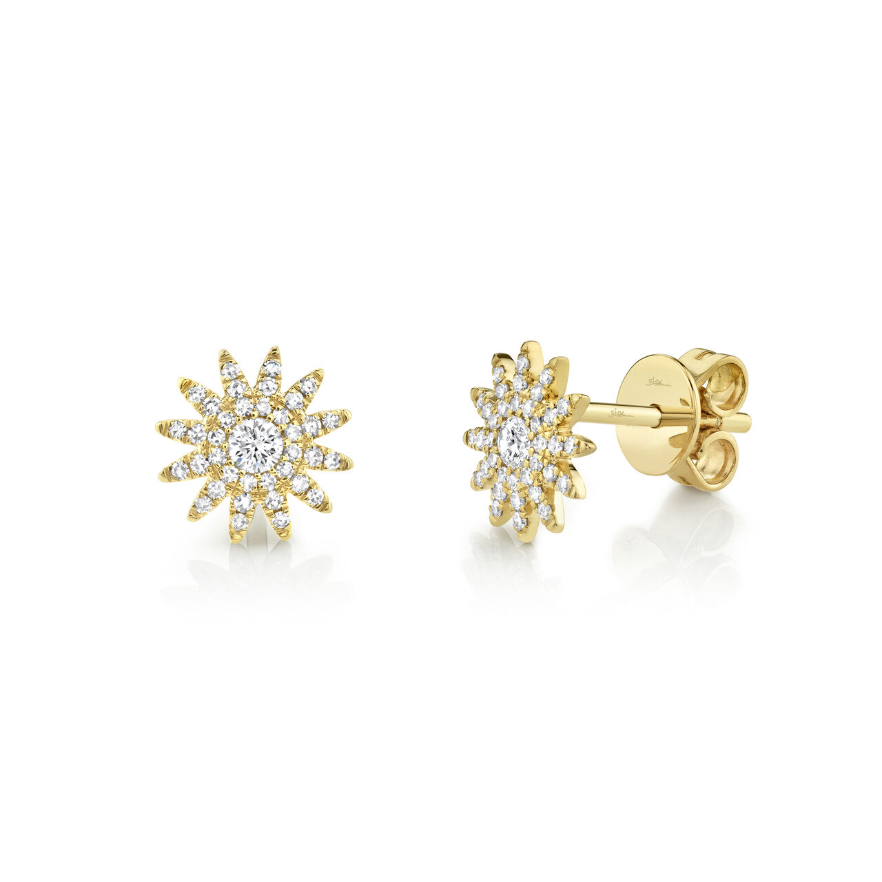 Yellow Gold Starburst Stud Earrings with Diamond Pave image number 0