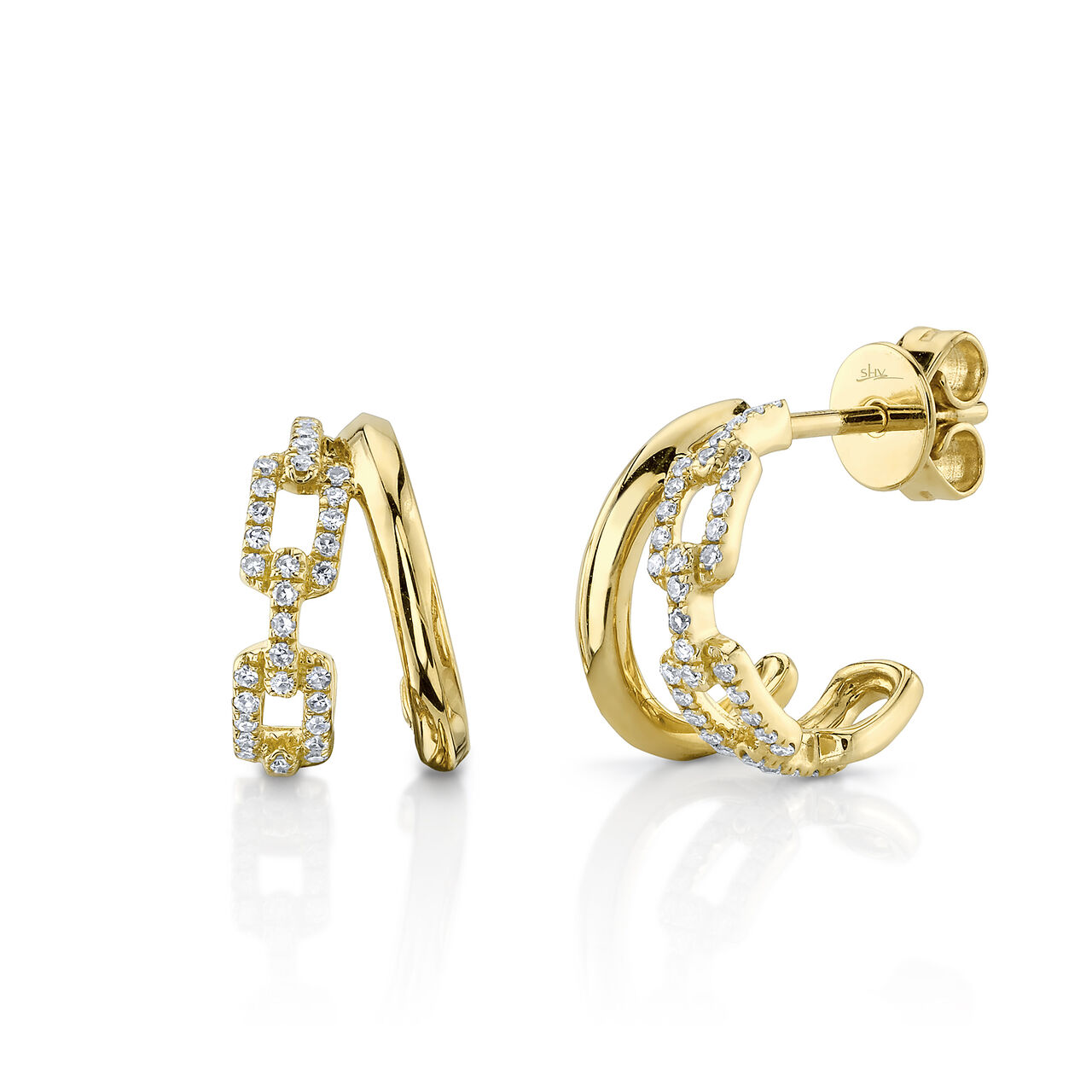 Yellow Gold Link Hoop Earrings with Diamonds image number 0