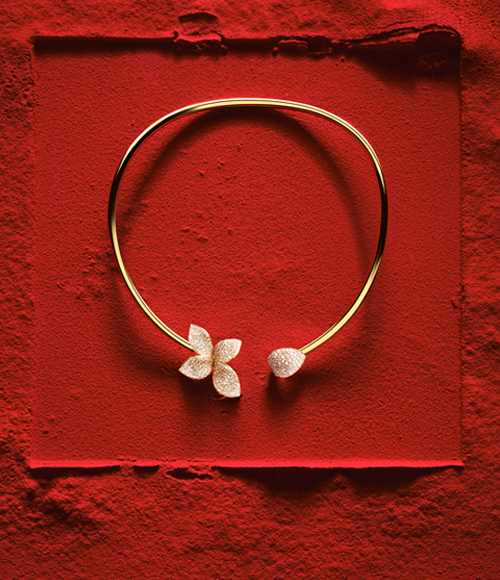 Pasquale Bruni jewellery on a red background.