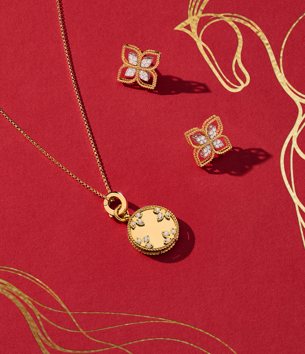 Roberto Coin jewellery on a red background