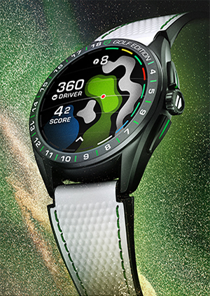 Tag Connected smart watch with a black bezel and white sports band