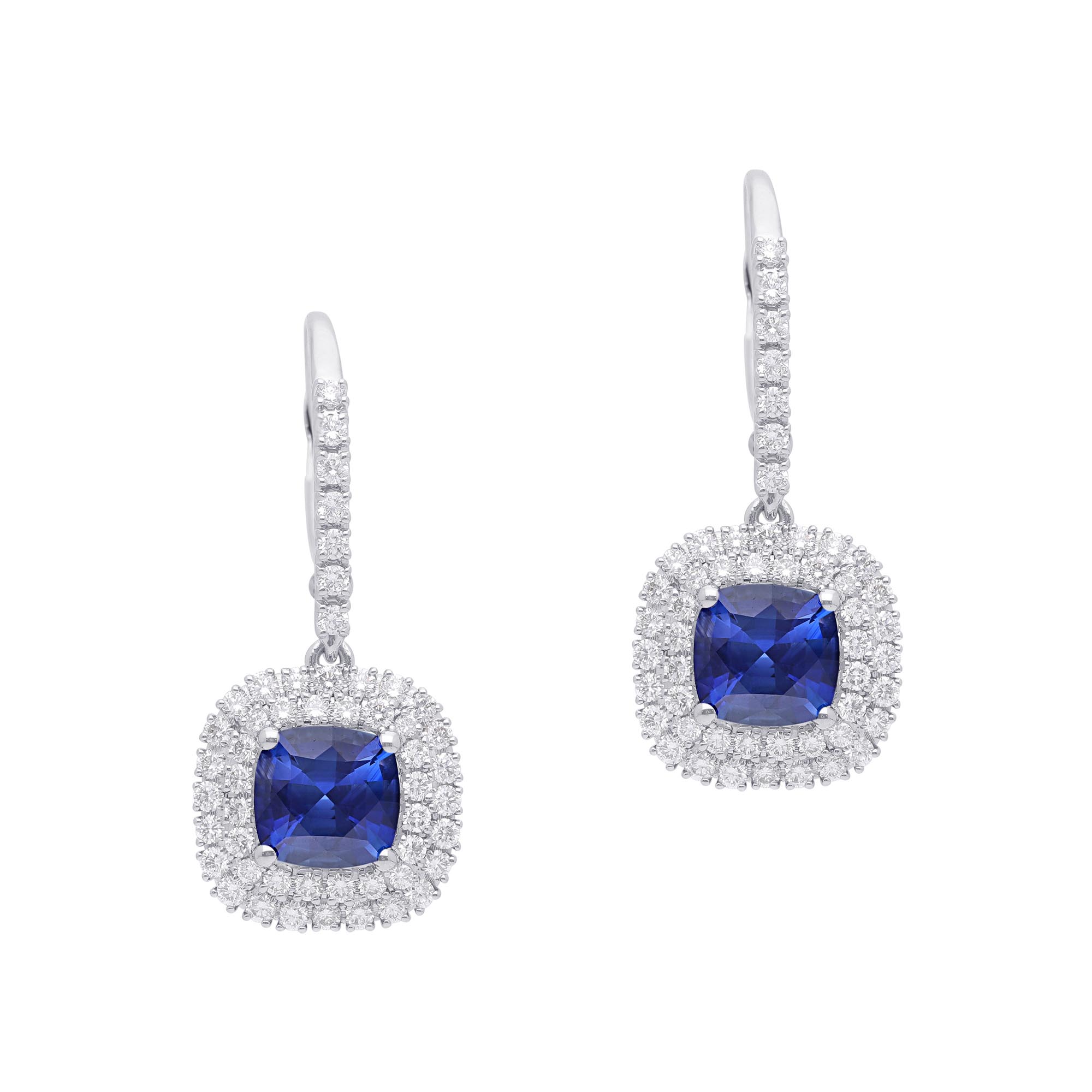 Cushion-Cut Blue Sapphire and Double Diamond Halo Earrings