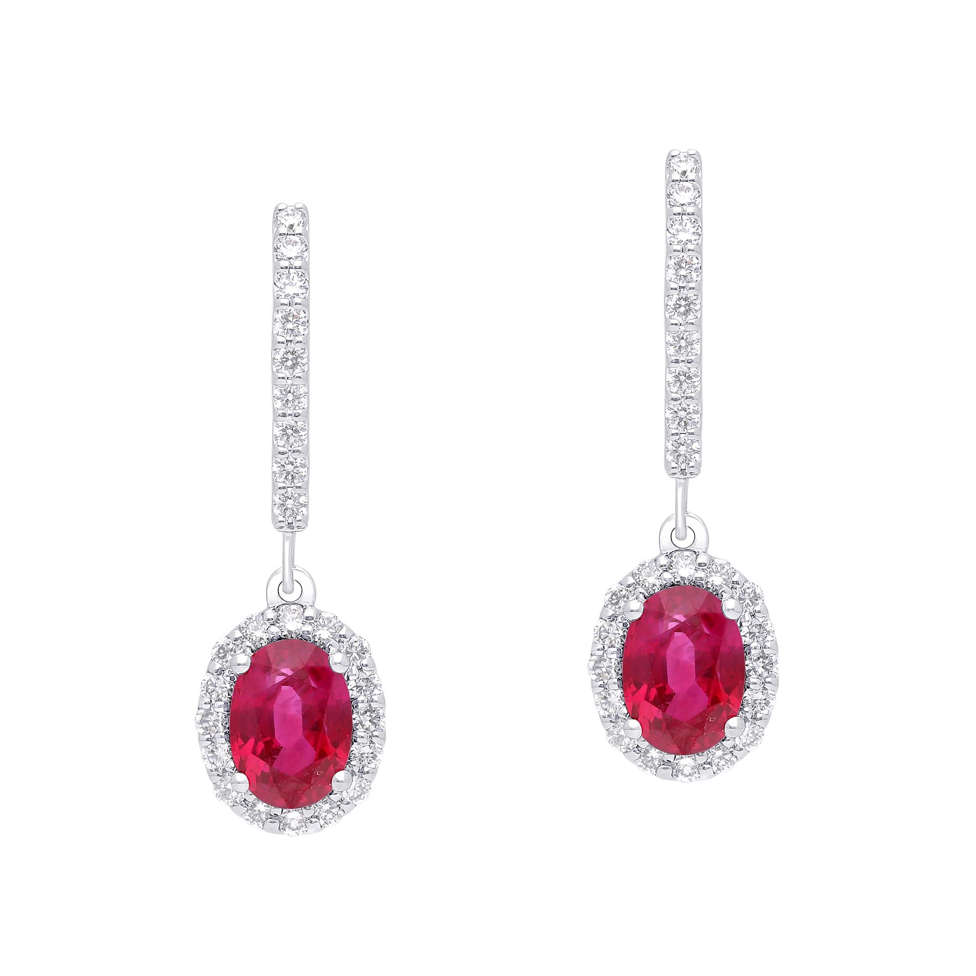 Salon Oval Ruby and Diamond Halo Dangle Earrings 18k White Gold 2.02ct