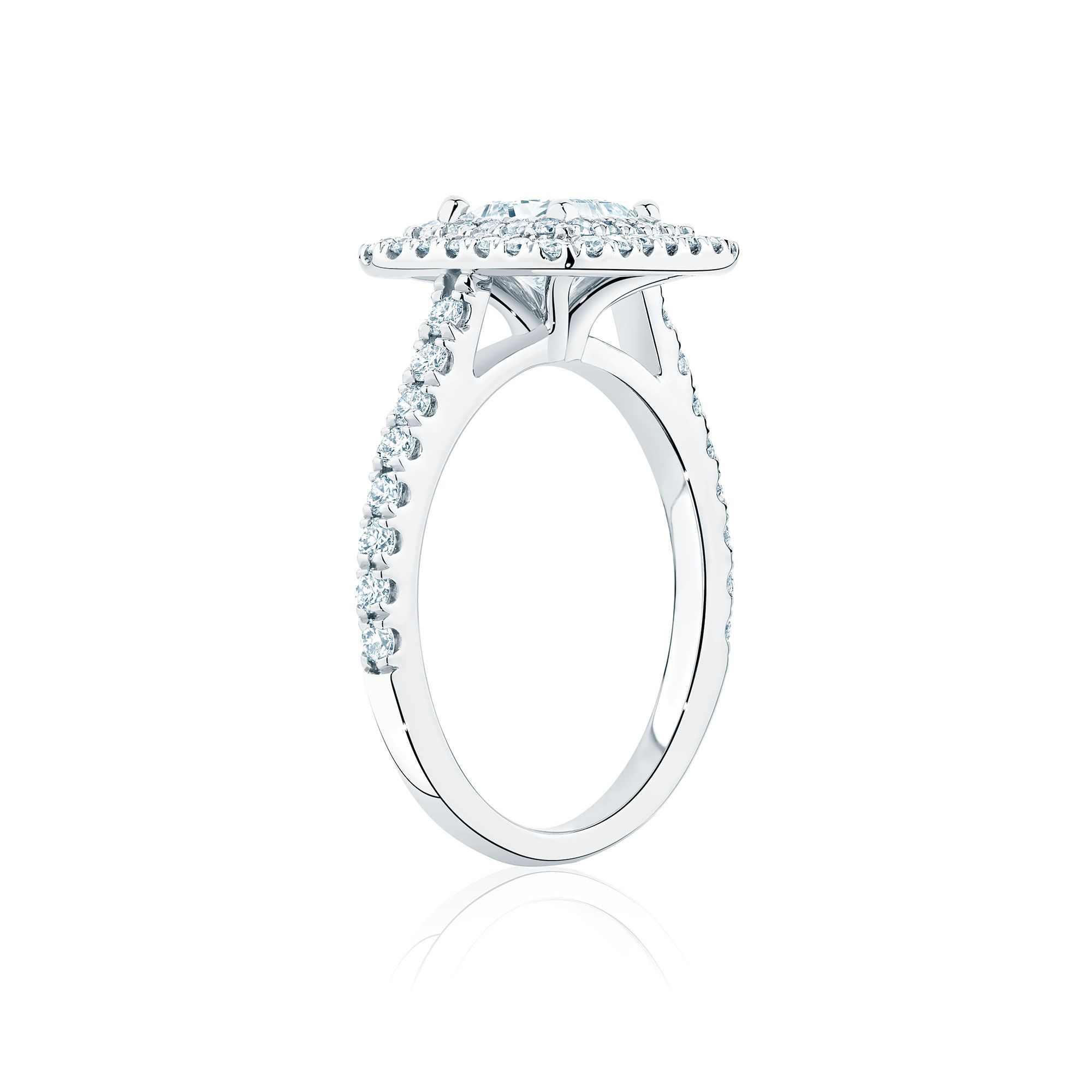 White Gold Princess Cut Diamond Engagement Ring with Double Halo and Pave Band