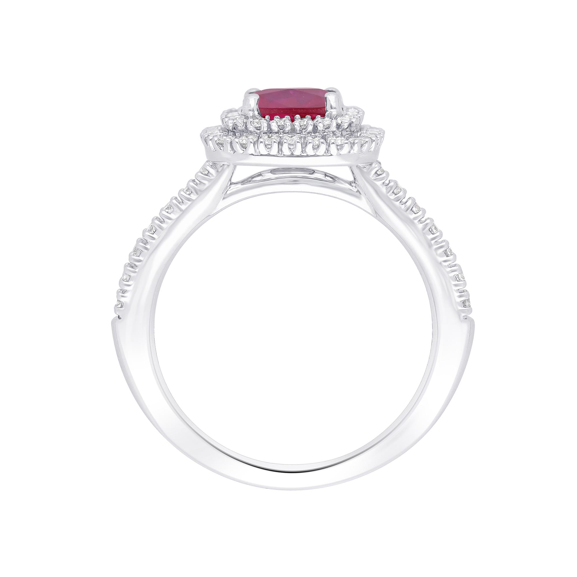 Cushion Cut Ruby and Double Diamond Halo Ring 1.08